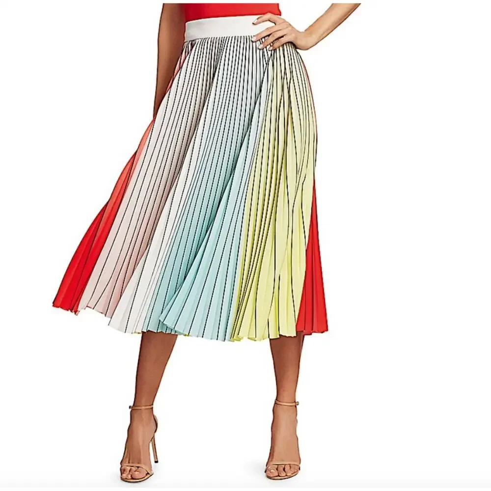 Alice + Olivia Arden Pleated Midi Skirt Multicolor Colorblock Size 4 - Picture 3 of 13